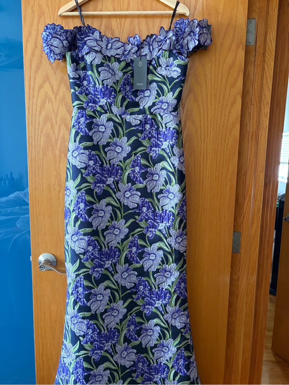 Theia Off the Shoulder Floral Gown with Purple Embroidery